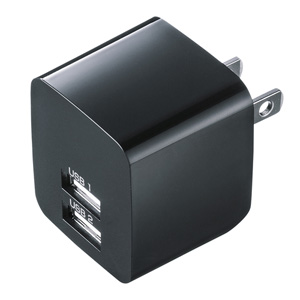 【訳あり 新品】USB充電器（2ポート・2.4A・小型・ブラック） ※箱にキズ、汚れあり
