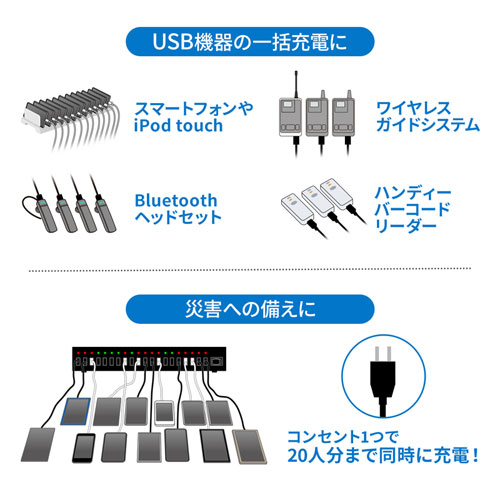 USB充電器(20ポート・20台同時充電・最大20A・高出力