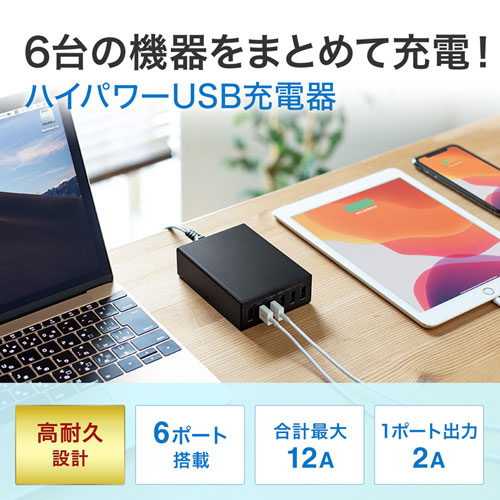 USB充電器（6ポート・合計12A・ブラック）