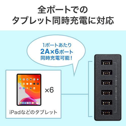 USB充電器（6ポート・合計12A・ブラック）