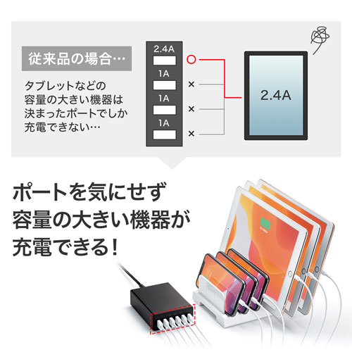 USB充電器（6ポート・合計12A・ブラック）
