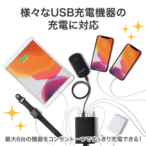 USB充電器（6ポート・合計12A・ブラック）