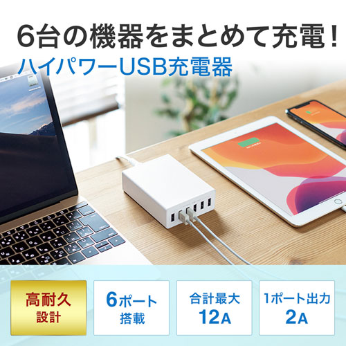 USB充電器（6ポート・合計12A・ホワイト）
