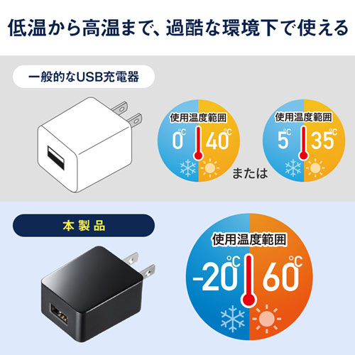 USB充電器（1ポート・1A・広温度範囲対応タイプ・ブラック）