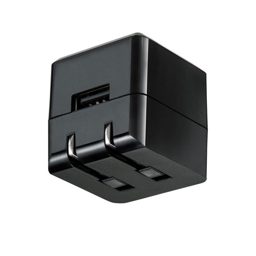 USB充電器（1A・高耐久タイプ・キューブ型・コンパクト・持ちはこび・ブラック）