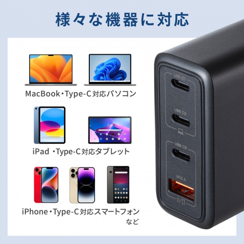 USB-C充電器（PD充電器・100W・USB-A×1&USB-C×3・合計4ポート・GaN窒化ガリウム・折りたたみ式プラグ・急速充電・ノートパソコン・複数ポート・コンパクト・急速充電・ブラック）