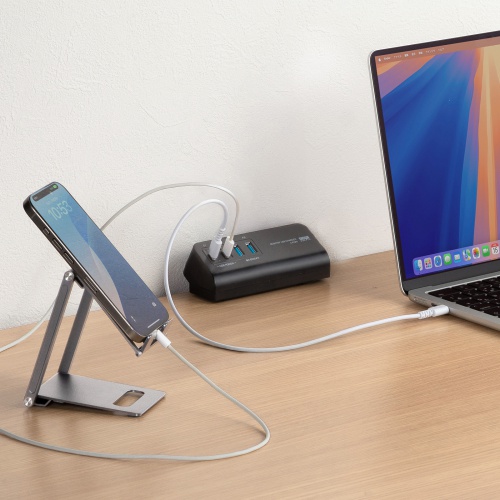 USB充電器（クランプ式・机固定・PD65W・Type-C×2ポート＋USB A×2ポート・4台同時充電・複数ポート・絶縁キャップ・ブラック）