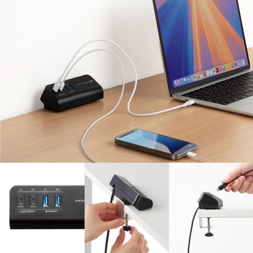 USB充電器（クランプ式・机固定・PD65W・Type-C×2ポート＋USB A×2ポート・4台同時充電・複数ポート・絶縁キャップ・ブラック）