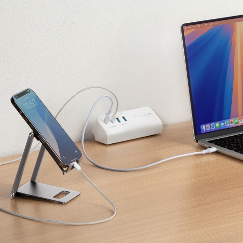 USB充電器（クランプ式・机固定・PD65W・Type-C×2ポート＋USB A×2ポート・4台同時充電・複数ポート・絶縁キャップ・ホワイト）