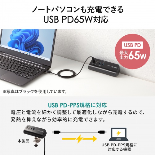 USB充電器（クランプ式・机固定・PD65W・Type-C×2ポート＋USB A×2ポート・4台同時充電・複数ポート・絶縁キャップ・ホワイト）