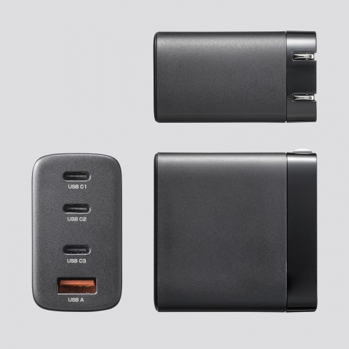 USB-C充電器（PD 充電器・65W・4ポート・Type-C×3・USB-A×1・GaN採用・折りたたみ式プラグ・急速充電・ノートパソコン・複数ポート・PSE適合商品・ブラック）