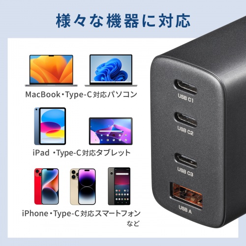 USB-C充電器（PD 充電器・65W・4ポート・Type-C×3・USB-A×1・GaN採用・折りたたみ式プラグ・急速充電・ノートパソコン・複数ポート・PSE適合商品・ブラック）