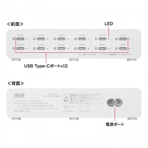 【アウトレット】USB充電器（Type-C 12ポート・PD20W・合計最大144W・一括電源スイッチ付き・スマホ・タブレット）
