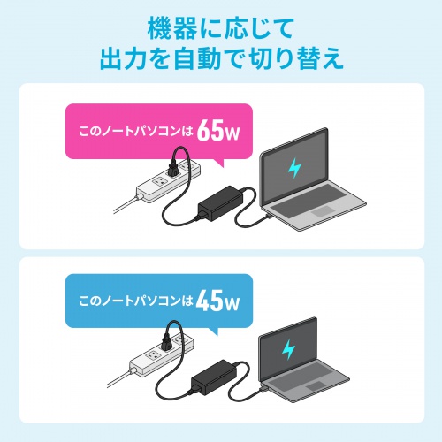 ACアダプター（USB PD対応AC充電器・PD65W・電源コード型・Type-Cケーブル一体型・ノートパソコン充電・ブラック）