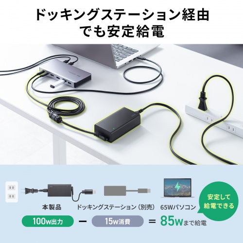 AC充電器（ACアダプタ・PD100W・Type-Cケーブル一体型・ノートパソコン・ドッキングステーション用）