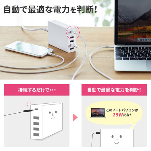 USB Power Delivery対応AC充電器（5ポート・合計60W・ブラック）