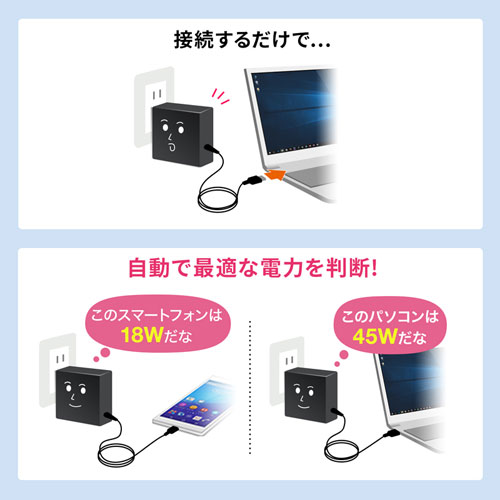 タイプC充電器(パソコン充電器・iPhone・コンセント・一体型・PD・45W・iPhone15・iPhone15plus・おすすめ･ﾌﾞﾗｯｸ) ACA-PD75BK サンワサプライ