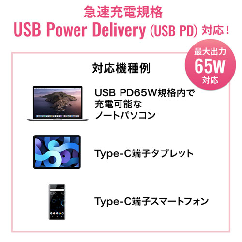 タイプC充電器(パソコン充電器・iPhone・コンセント・アダプター・PD・おすすめ・65W・TypeCケーブル一体型・iPhone15対応・ブラック） ACA-PD76BK サンワサプライ