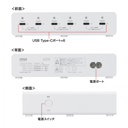 USB充電器（Type-C 6ポート・合計72W出力・PD20W・高出力・スマホ