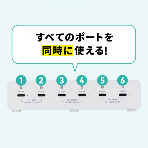 USB充電器（Type-C 6ポート・合計72W出力・PD20W・高出力・スマホ・タブレット・複数ポート）