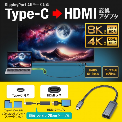 USB Type-CーHDMI変換アダプタ（4K/120Hz・8K/60Hz・HDR・ケーブル長20cm・DP・Alt・高画質・ガンメタリック）