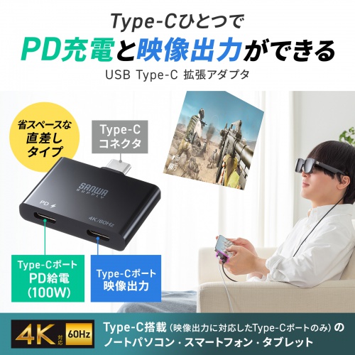 USB Type-C 拡張アダプタ（直挿し・ARグラス・アダプター・PD 100W・急速充電対応・Xreal・4K/60Hz）