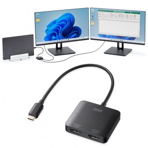 USB-C HDMI 変換アダプタ（2画面・4K/60Hz・HDR・ケーブル長20cm・Windows・マルチディスプレイ・ミラーリング）