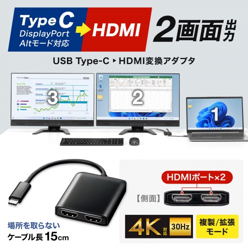 USB TypeC MSTハブ (DisplayPort Altモード対応・Type-C→HDMI×2