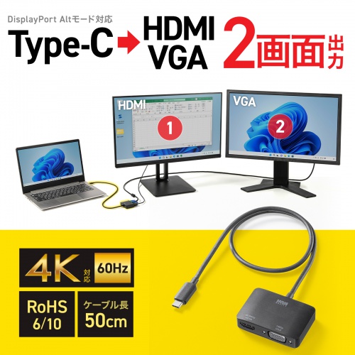USB Type-C HDMI / VGA 変換アダプタ（2画面出力・4K/60Hz・ケーブル長50cm）