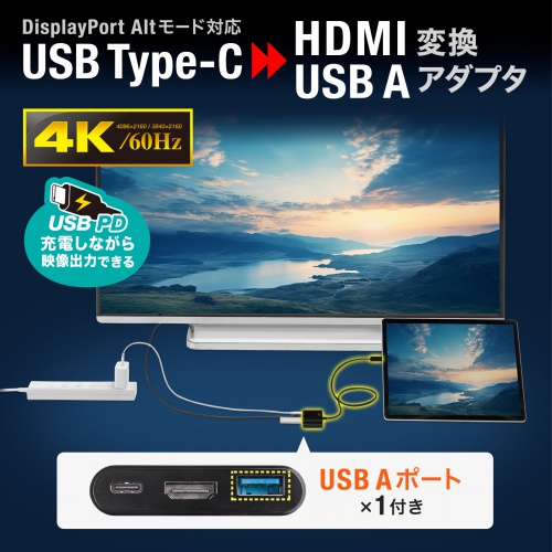 USB Type-C HDMI 変換アダプタ（USB Aポート・4K/60Hz・PD140W・ケーブル長50cm・USBハブ・MacBook・iPad Pro対応・iPad Air対応・HDR）