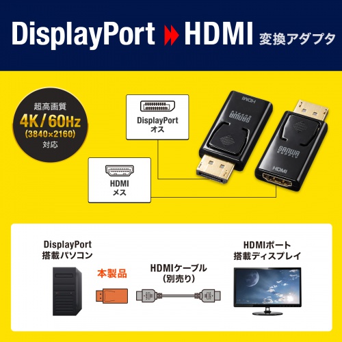 DisplayPort - HDMI 変換アダプタ（4K/60Hz対応）AD-DPPHD02 サンワサプライ
