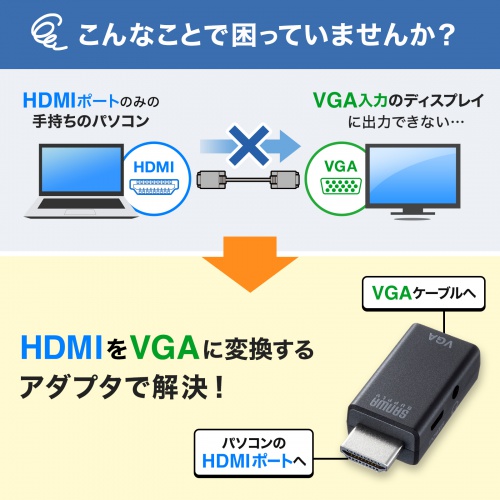 HDMI-VGA変換アダプタ（オーディオ出力付き・コンパクトタイプ・ミニD-sub 15pin・3.5mmステレオジャック） AD-HD25VGA サンワサプライ