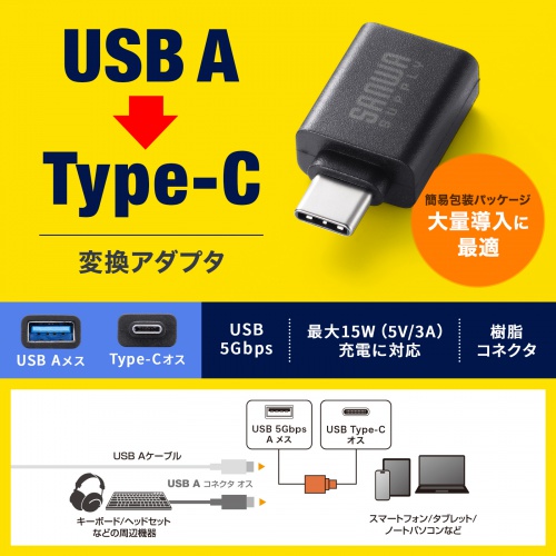 Type-C変換アダプタ（USB 5Gbps・USB A to Type-C変換・5V3A充電対応・超小型設計・樹脂コネクタ・袋パッケージ）
