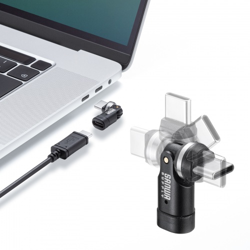 USB-C 540度 回転アダプタ（PD240W・L字・全方向対応・変換・コネクタ・USB2.0・Type-C・通電LED・ブラック）