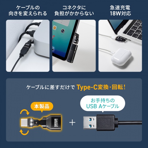 USB A to C 変換アダプタ(540°回転・上下左右・全方向対応・ L字・L型コネクタ・USB2.0・Type-Cオス-USB Aメス・方向変換・ブラック）