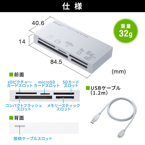 マルチカードリーダー(USB 3.1 Gen1対応・TYPE-A・5スロット・ホワイト)