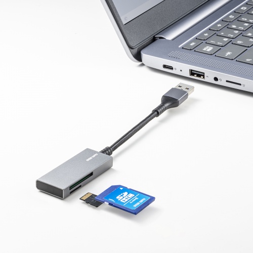 カードリーダー（SD/microSDカードリーダー・USB3.2 Gen1・USB A接続・超薄型・コンパクト・メッシュケーブル・シルバー） ADR-3MSD2S