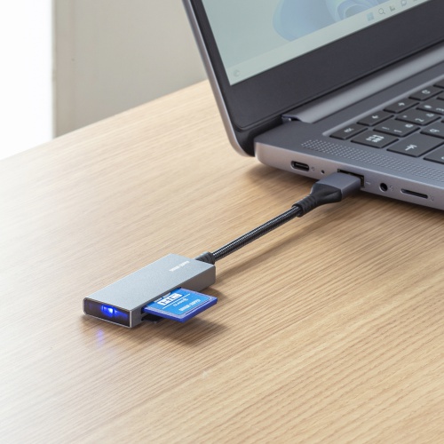 カードリーダー（SD/microSDカードリーダー・USB3.2 Gen1・USB A接続・超薄型・コンパクト・メッシュケーブル・シルバー） ADR-3MSD2S