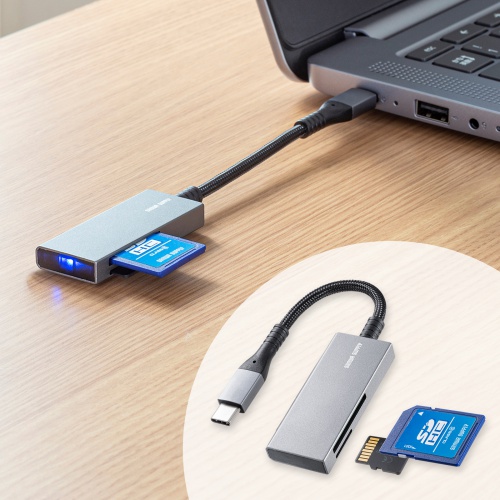 タイプCカードリーダー（SD・microSD・超薄型・コンパクト・メッシュケーブル・iPhone15・iPad Pro M4・iPad Air M2） ADR-3TCMSD11S サンワサプライ