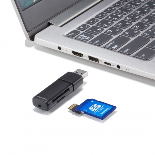 カードリーダー（スライドキャップ・SD・microSD・コンパクト・ストラップホール・USB A接続）