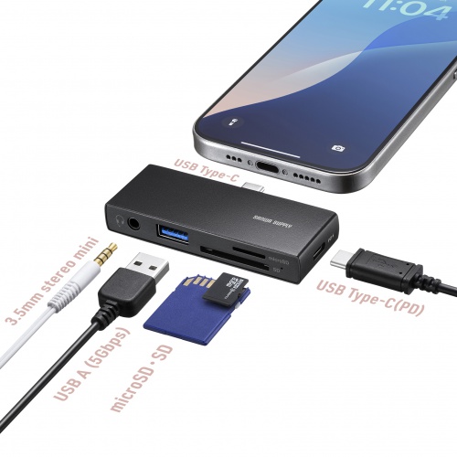 カードリーダー（ハブ・小型・PD充電・USB-C・USB- A 1ポート・SD対応・microSDカード対応・3.5mmイヤホンジャック・iPhone・スマホ・タブレット・コンパクト・ブラック）