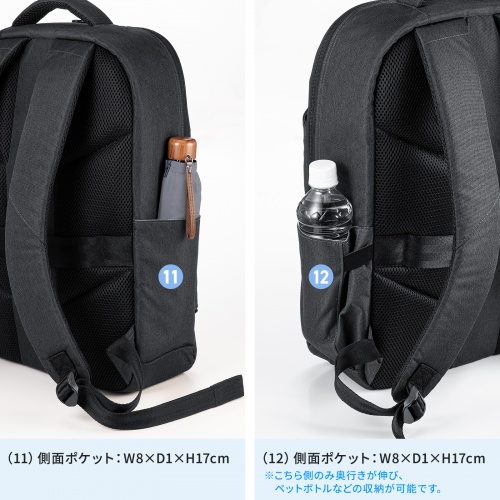 ビジネスリュック（カジュアル・PCバックパック・軽量・17L・スリム・シンプルデザイン・通勤・通学・16型ワイドPC・キャリーサポーター・ブラック）