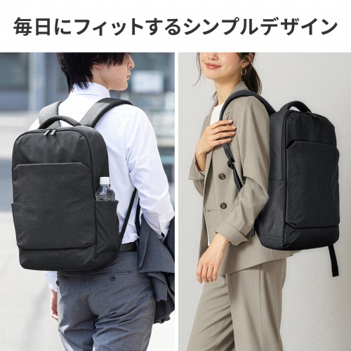 ビジネスリュック（カジュアル・PCバックパック・軽量・17L・スリム・シンプルデザイン・通勤・通学・16型ワイドPC・キャリーサポーター・ブラック）