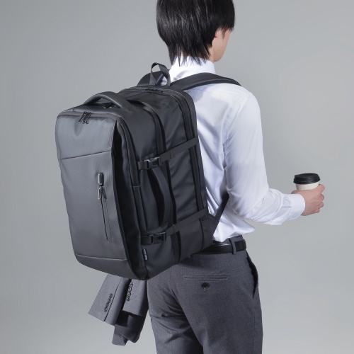 リュック（マチ拡張・ビジネス・大容量・25L～35L・PCリュック・シンプル・PUコーティング・耐水・撥水・多機能・バックパック・メンズ・旅行・出張・ブラック）