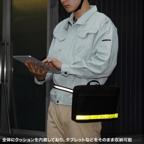 ショルダーポーチ（現場用・反射テープ・着脱可能・タブレット収納・クッション内蔵・耐水・止水ファスナー・ショルダーベルト・ウエストベルト・ウエストポーチ・付属・肩掛け・ブラック）