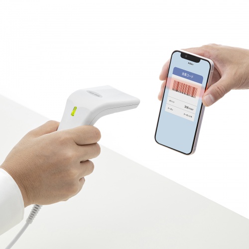 バーコードリーダー（1次元タッチ式・抗菌タイプ・スマホ画面読み取り対応・USB接続・スタンド付き）BCR-1D7W