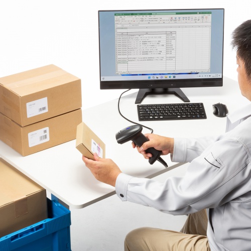 バーコードリーダー（バーコードスキャナ・JANコード・ハンディタイプ・有線・1次元・スタンド付・オートセンシング・IP42・防塵防水・図書館・物流管理）