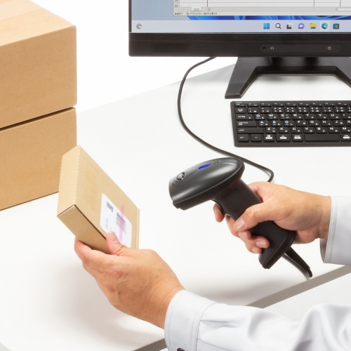 バーコードリーダー（バーコードスキャナ・JANコード・ハンディタイプ・有線・1次元・スタンド付・オートセンシング・IP42・防塵防水・図書館・物流管理）