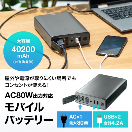 モバイルバッテリー（AC出力対応・80W出力対応・40200mAh・USB-A2ポート・USB充電）