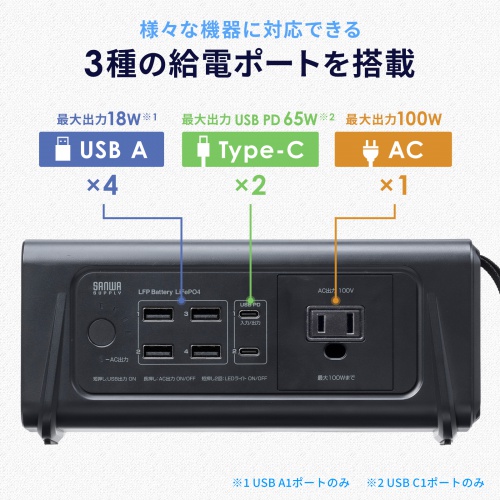 ポータブル電源（小型・AC出力・大容量・76.8Wh・24000mAh・USB PD65W・リン酸鉄リチウムイオン電池・LEDライト付き・機内持ち込み可・停電・災害・車中泊・ノートパソコン・持ち運び）